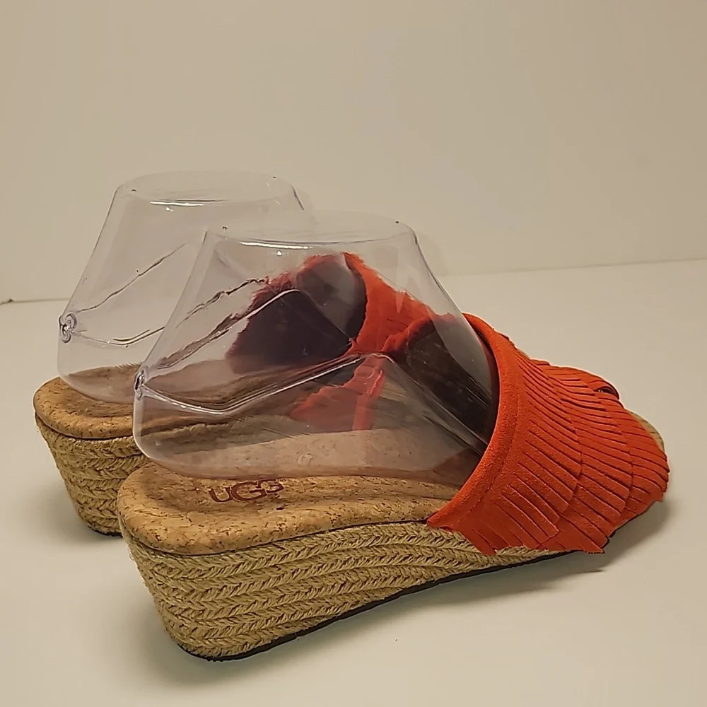 UGG Kendra Wedge Sandals Slides Espadrilles Suede Leather Fringe Cork Orange 7